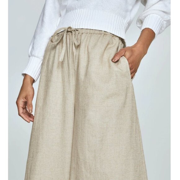 Carbon38 Tan Linen Blend Extra Wide Leg Drawstring Minimalist Pants Size M $158 - Picture 3 of 11